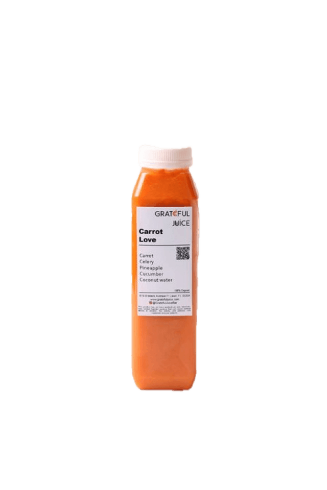 A bottle of Carrot Love cold-pressed juice