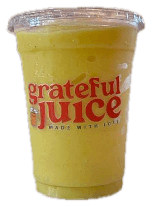 A smoothie in a branded Grateful Juice cup