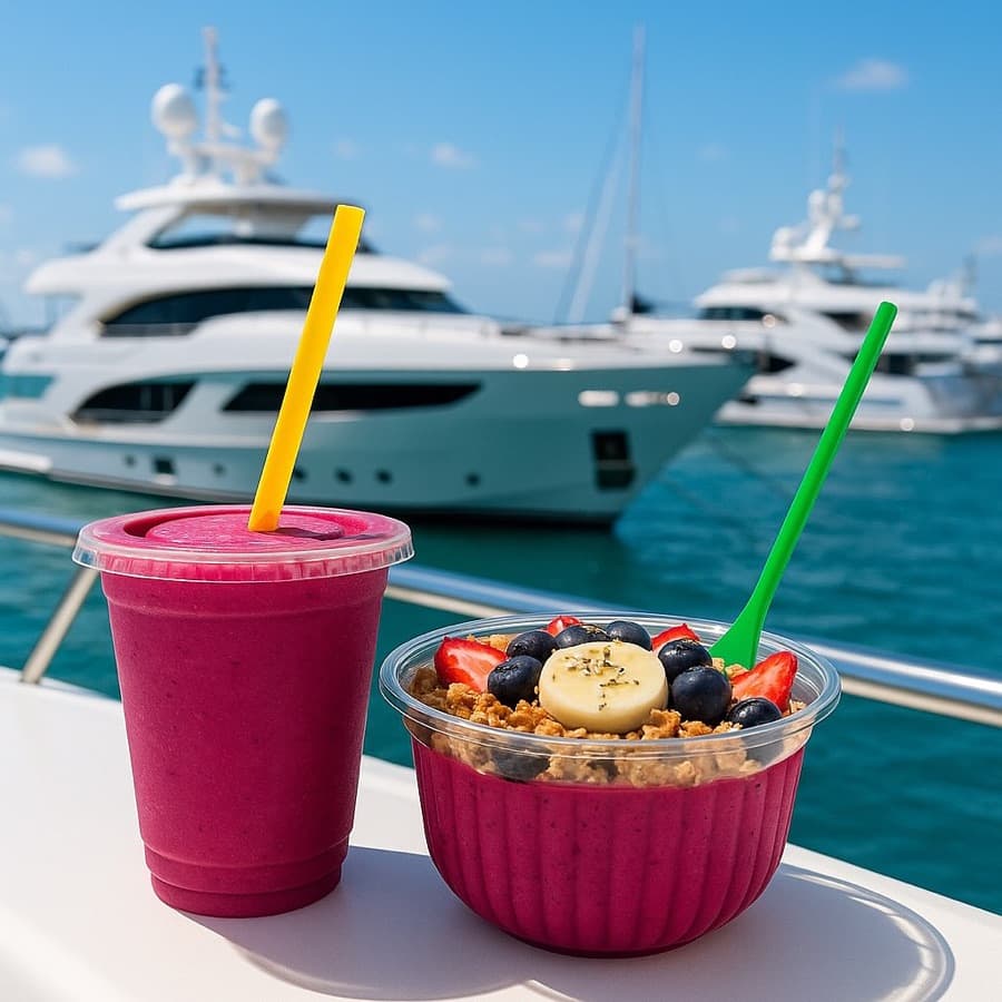 A smoothie and açaí bowl by the yachts on the Intracoastal